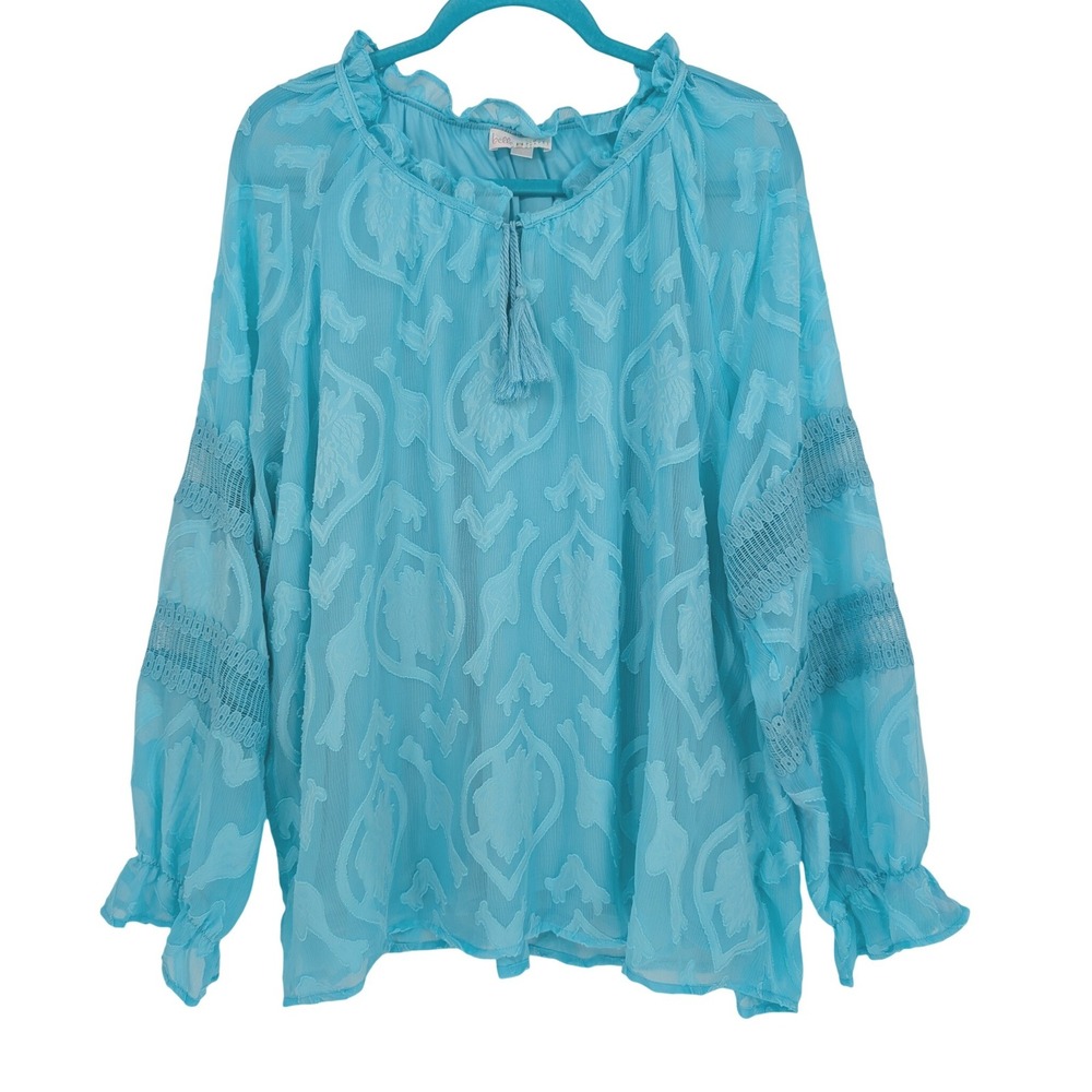 Belle By Kim Gravel‎ Chiffon Blouse Women 2X Aqua Blue Burnout Paisley Boho Lace